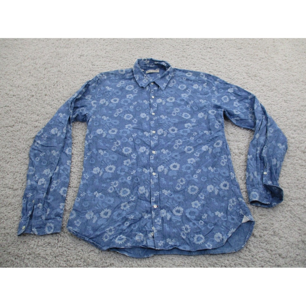 Oliver Spencer Shirt Mens 15.5 Blue Button Long Sleeve Floral Geometric Preppy A